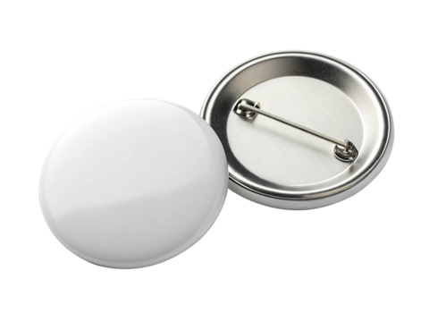 Two blank white round pin buttons isolated on transparent background, perfect for creating custom designs, promotional items, or personalized accessories for events