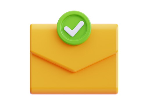 Yellow envelope with green check mark isolated on transparent background