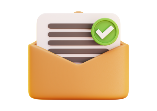 Open envelope with document and green check mark isolated on transparent background