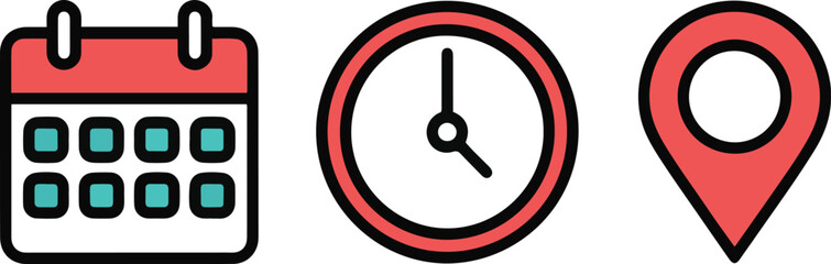 Schedule and location icons set, minimal calendar, clock and pin vector design