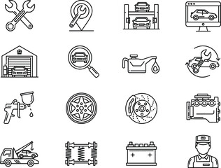 Auto repair and maintenance icons set, car service outline vector, mechanic tools, diagnostics, oil change, garage, and engine symbols