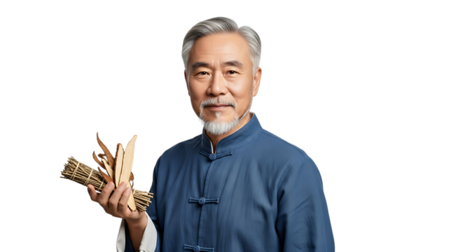 Asian elderly man holding herbs isolated on transparent background is looking ahead