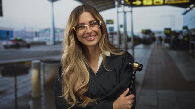 Judge woman in judicial robe holds gavel with folded arms in busy airport terminal; authority confidence justice.