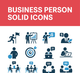 Business person solid icon set, teamwork and leadership vector illustration