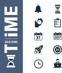 Time management solid icon set, blue and white minimal vector with clocks and calendars