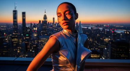 Stylish Asian woman with futuristic makeup and silver dress posing against a vibrant New York City skyline at sunset.