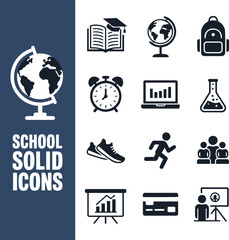 School solid icon set, education and learning vector in dark blue style