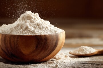 White flour sifting into wooden bowl for baking
