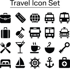 Travel and vacation icon set, solid black vector with transportation and food elements