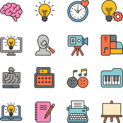 Creative colorful icons set. Flat vector design with light bulb, brain, camera, music note, notebook, and typewriter. Artistic and education themed icon collection for inspiration and creativity.