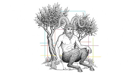 Satyr in a Grove A Detailed Illustration of a Mythological Creature in a Natural Setting