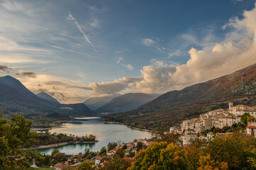 Barrea and its lake. Abruzzo. Spectacular autumn panorama