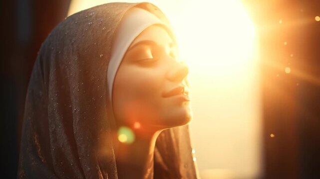 Close up shows a nun in a church during evening. She engages in silent prayer and seems to find reflection and inner peace as she contemplates faith and her relationship with God