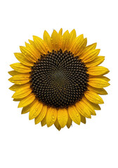 Fototapeta premium Sunflower, dark Fibonacci seed head, golden pollen, dewy yellow petals, isolated on a transparent background, concept of perfection nature and microcosm
