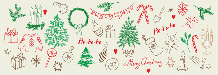 Hand drawn Christmas doodle set with festive elements and decorations