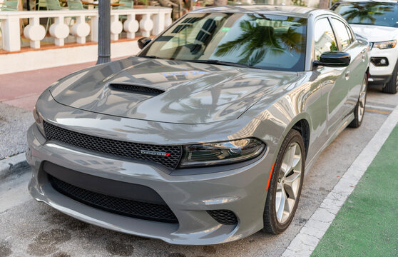 Miami, Florida, USA - April 17, 2025: Dodge Charger SRT 2023 sport sedan car. Luxury sport car Dodge Charger SXT. Car Dodge Charger SXT parked outdoor. Grey sportscar, corner view