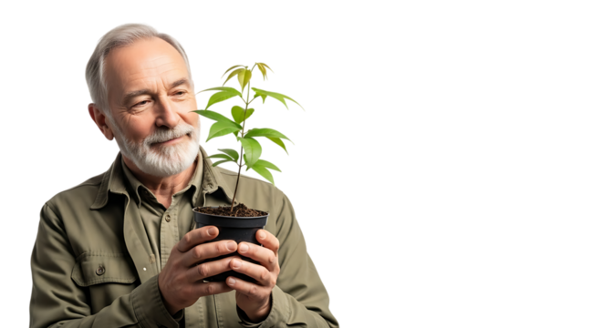 Smiling senior man holding a small plant isolated on transparent background - Powered by Adobe