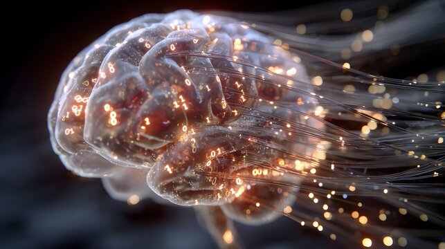 Digital brain with glowing binary code transmits information through fiber optic cables. - Powered by Adobe
