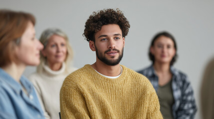 Young Man Engaged in Group Discussion with Diverse Participants
