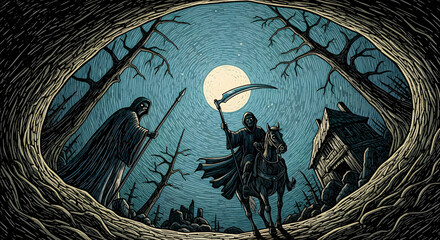 Grim Specter A Haunting Night Ride Under the Moonlit Sky