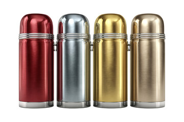 Four stylish metallic thermoses in red silver gold and bronze reflecting light on a neutral background isolated on transparent background