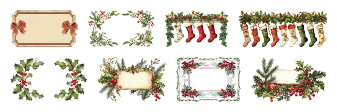 PNG Festive holiday frames and borders, element set on transparent background