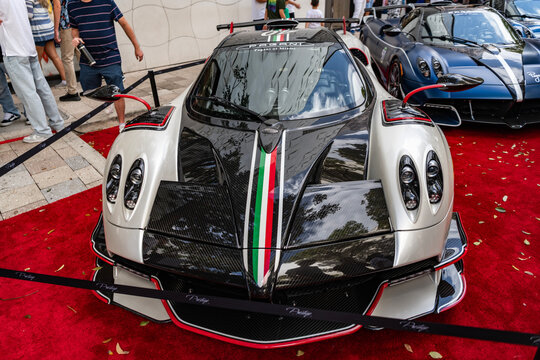 Miami, Florida, USA - February 16, 2025: Pagani Huayra sport car supercar. Luxury supercar sportscar Pagani Huayra. Car Pagani Huayra parked outdoor. Black white car, front view