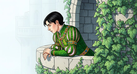 Young man in medieval attire leans on a stone balcony, looking out over a misty landscape with ivy
