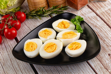 Boiled chicken eggs with bright yolk