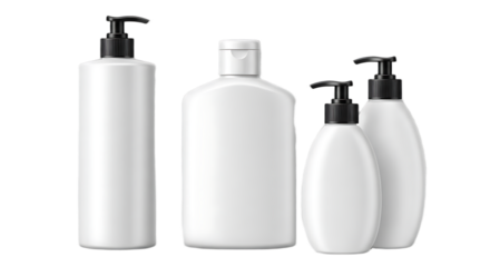 A group of four white plastic bottles of varying shapes and sizes against a black background plain studio shot