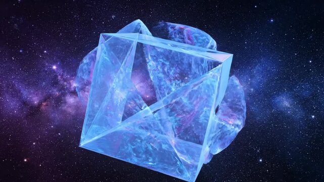Futuristic ice cube floating in space with cosmic galaxy background.