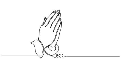 One line drawing praying hand worship religious vector illustration template design, Minimalist continuous one line drawing of praying hands, Hand in Praying position, Editable outline.