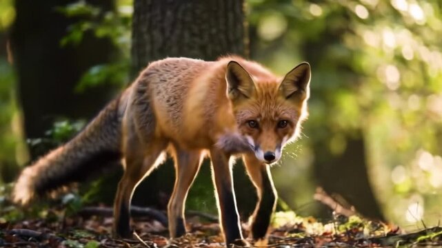 A red fox walking slowly through a sunlit forest, captured with a cinematic bokeh background. 