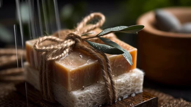 A bundle of soap is tied with a string and placed on a wooden surface. The soap is wrapped in a brown ribbon and he is a gift. Concept of warmth and thoughtfulness