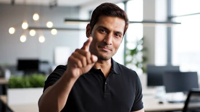 Man pointing at camera in office setting with modern design and neutral color palette for various commercial purposes