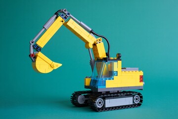 Fototapeta premium Yellow lego excavator toy construction vehicle on green background studio shot