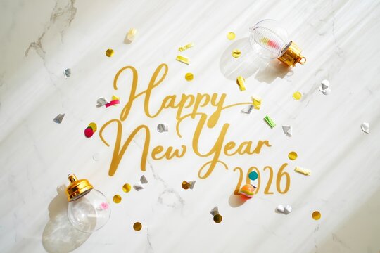 Elegant Happy New Year 2026 gold script with confetti and festive ornaments on bright marble background