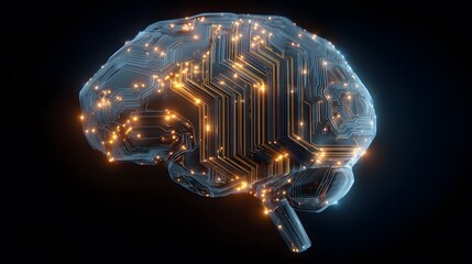 Translucent brain with illuminated circuitry symbolizes artificial intelligence.