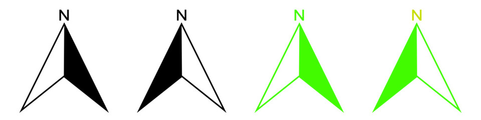 Compass north arrow navigation icons set with N label, line and solid map pointers, isolated on transparent background vector 