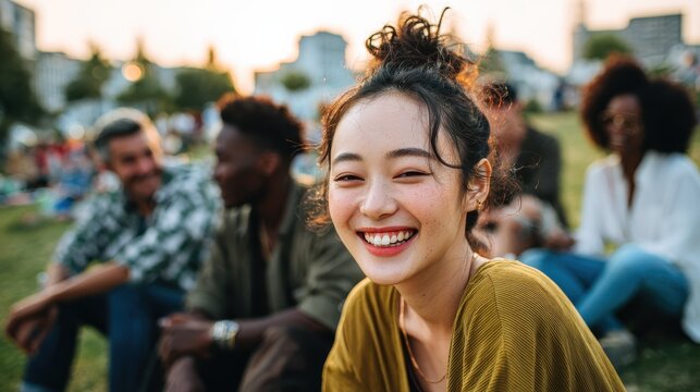 happy diverse people having fun outdoor sitting on grass at city park focus on asian girl face no logos no brands ar 169