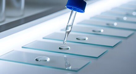 Science experiment liquid drop on glass slides research laboratory analysis and testing equipment close up