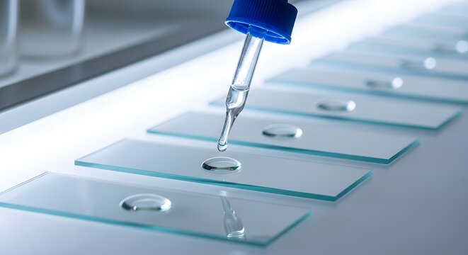 Science experiment liquid drop on glass slides research laboratory analysis and testing equipment close up