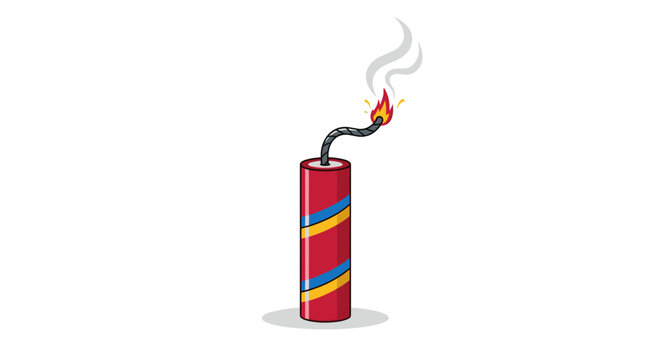 Vector  illustration of a red firecracker with a lit fuse and smoke emitting from the burning end