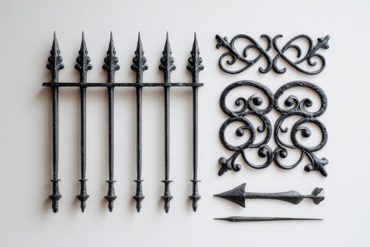 Intricate Black Metal Fence and Decorative Elements on White Background, Top View. - Powered by Adobe
