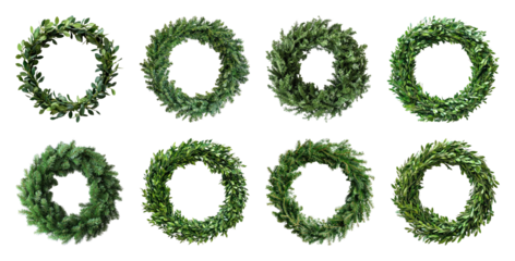 PNG Eight lush green wreaths displayed, element set on transparent background