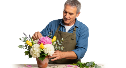 Florist arranging flowers isolated on transparent background in a studio shot