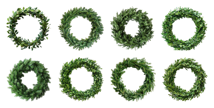 PNG Eight lush green wreaths displayed, element set on transparent background