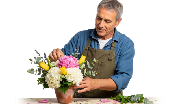 Florist arranging flowers isolated on transparent background in a studio shot