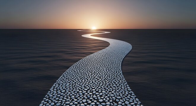 Pathway to success concept image with stone road leading to the sun at the horizon landscape
