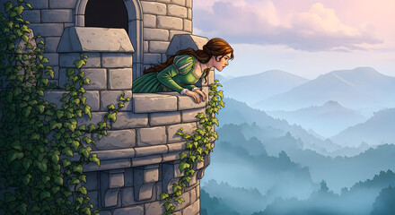 A princess in a tower looks out over a misty landscape